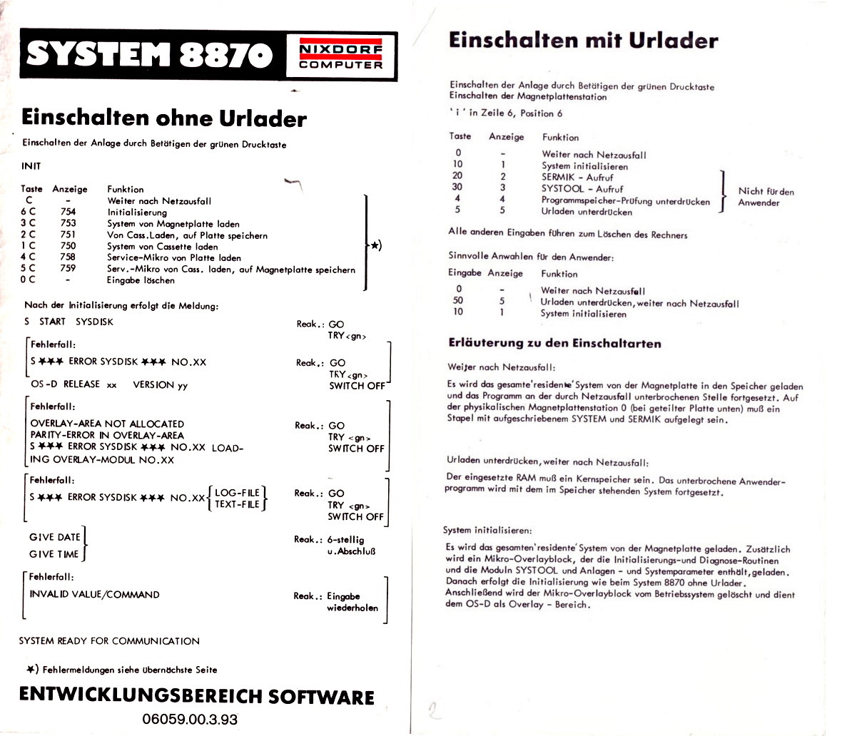 Referenzkarte 8870 Einschalten ohne Urlader 